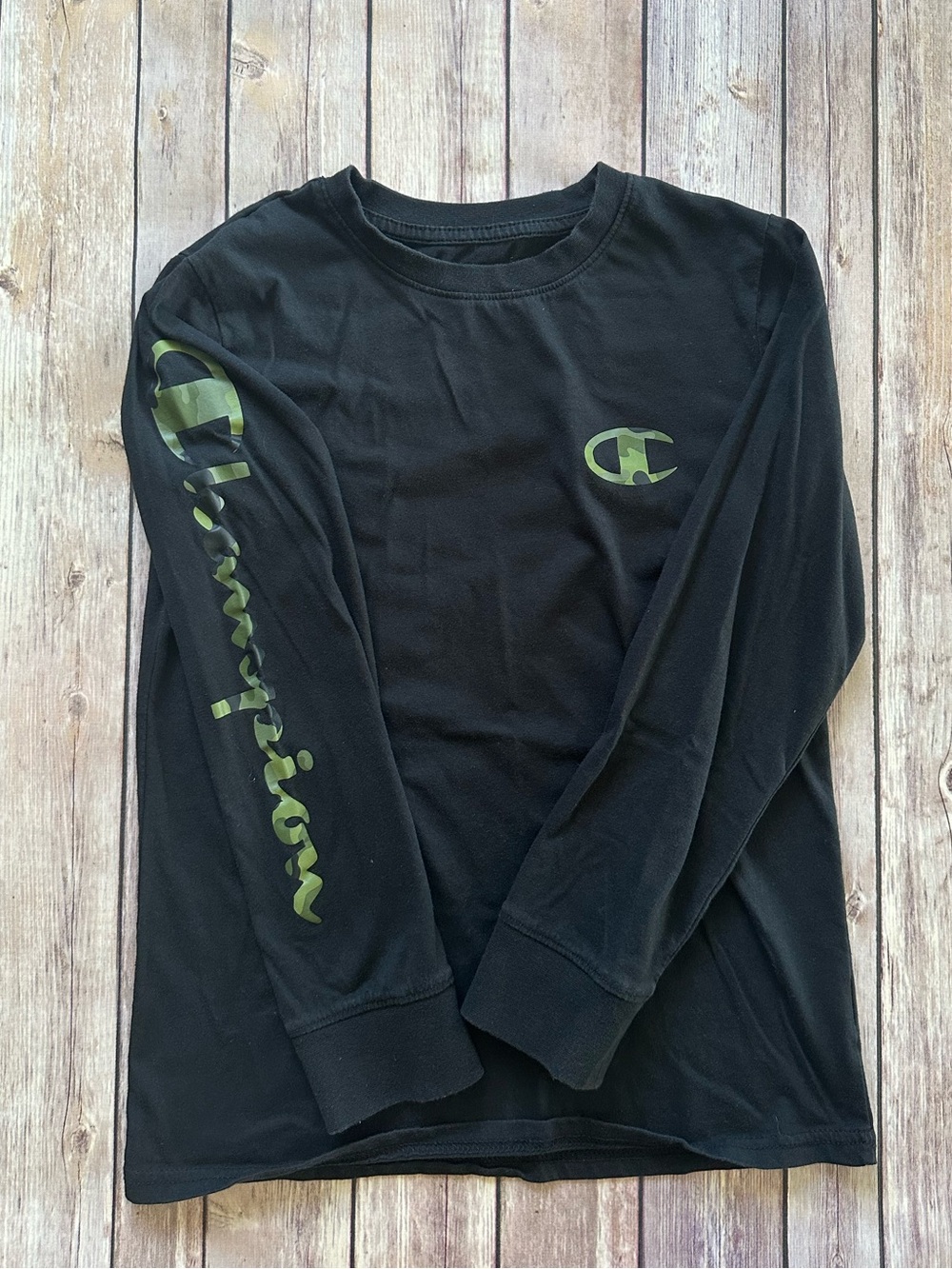 Champion Black Long Sleeve Shirt with Camo Green Logo
